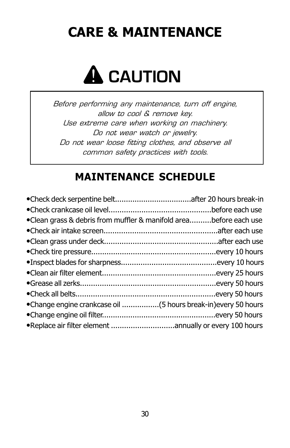 Caution, Care & maintenance, Maintenance schedule | Dixon SPEEDZTR User Manual | Page 30 / 48