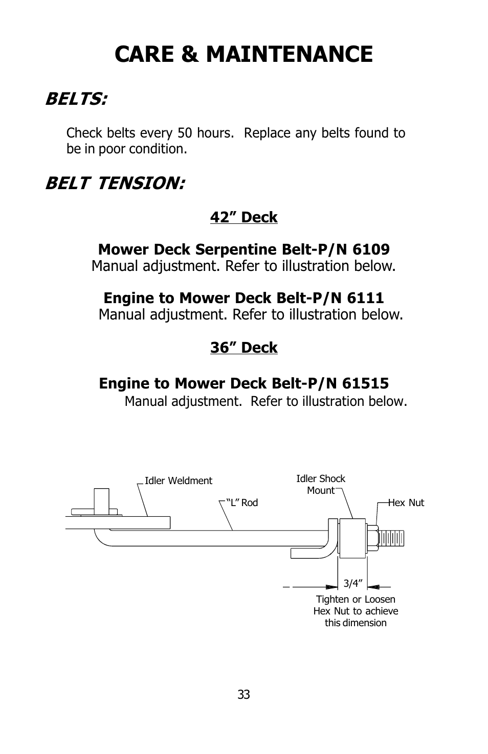 Care & maintenance, Belts, Belt tension | Dixon SPEEDZTR User Manual | Page 33 / 48