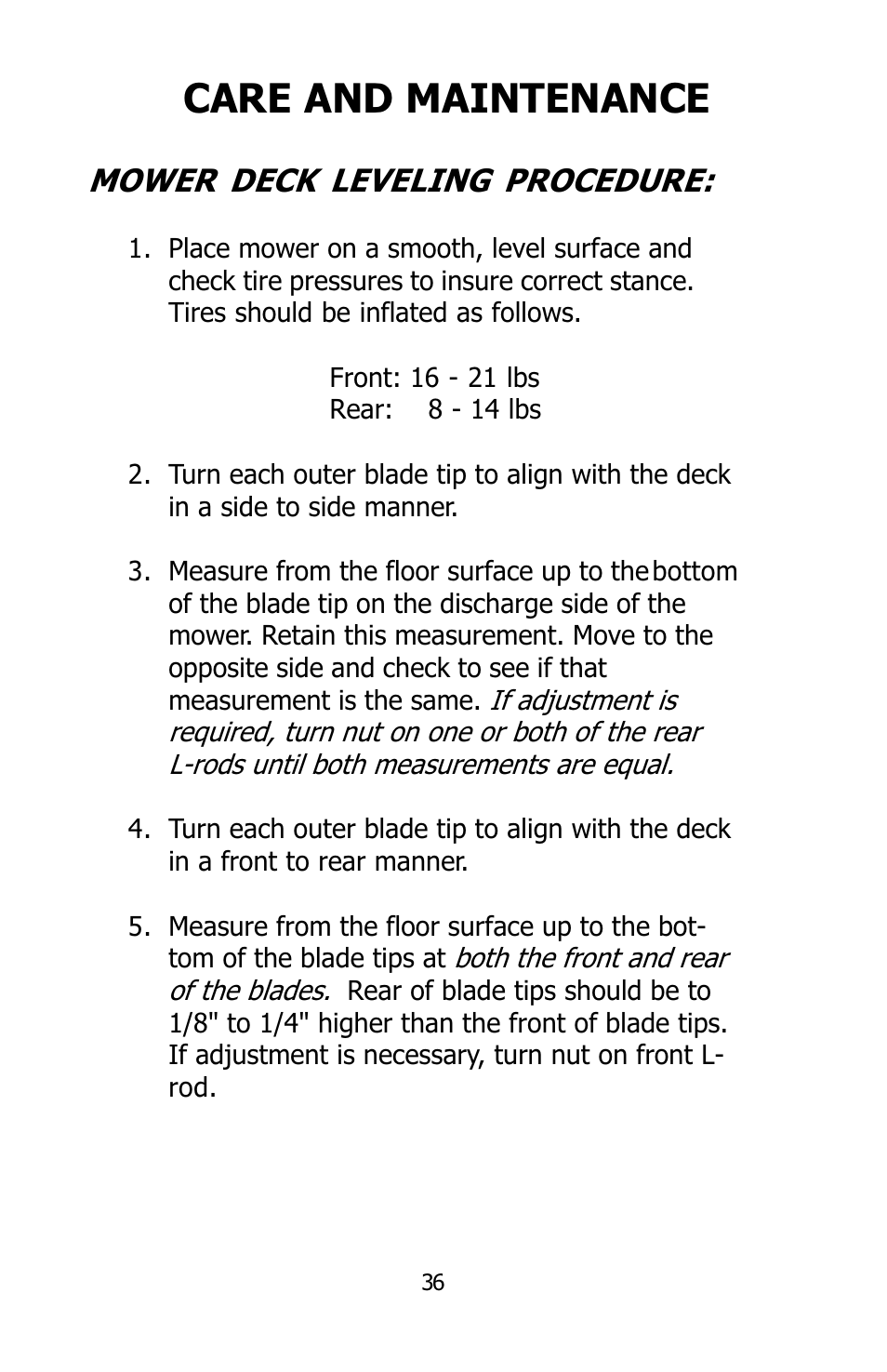 Care and maintenance, Mower deck leveling procedure | Dixon SPEEDZTR User Manual | Page 36 / 48