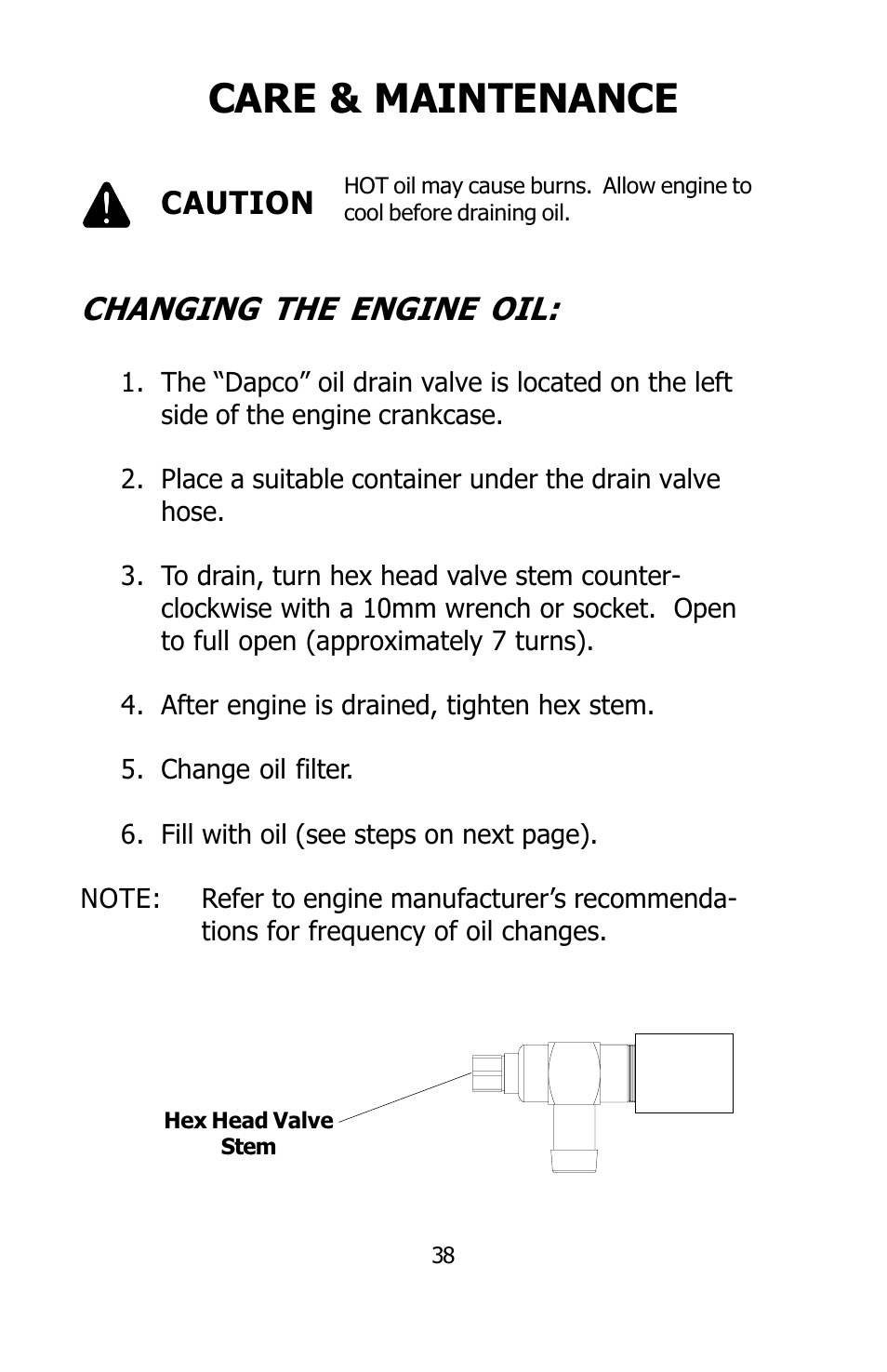 Care & maintenance, Caution changing the engine oil | Dixon SPEEDZTR User Manual | Page 38 / 48