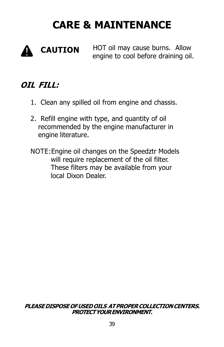 Care & maintenance, Oil fill, Caution | Dixon SPEEDZTR User Manual | Page 39 / 48
