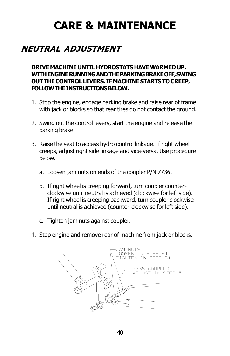 Care & maintenance, Neutral adjustment | Dixon SPEEDZTR User Manual | Page 40 / 48