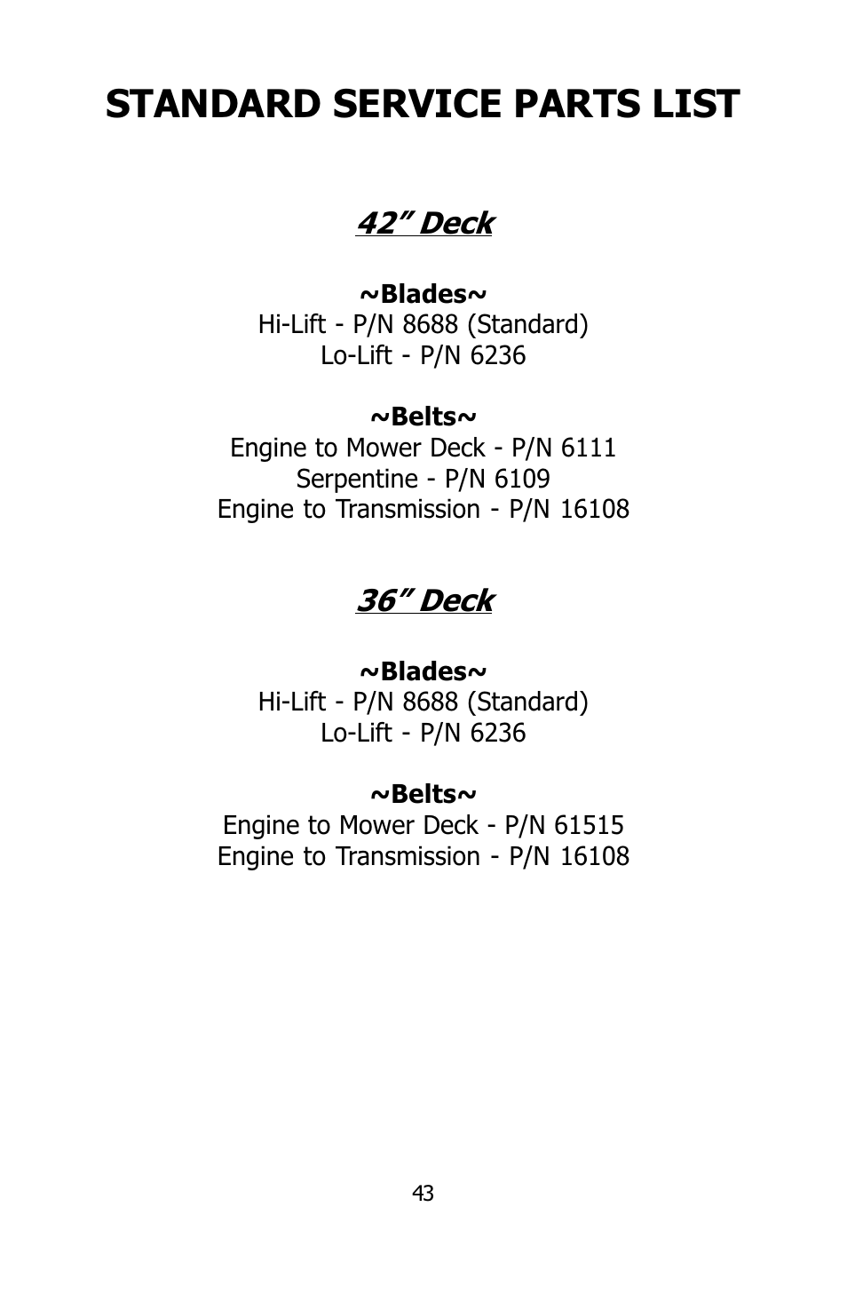 Standard service parts list, 42” deck, 36” deck | Dixon SPEEDZTR User Manual | Page 43 / 48