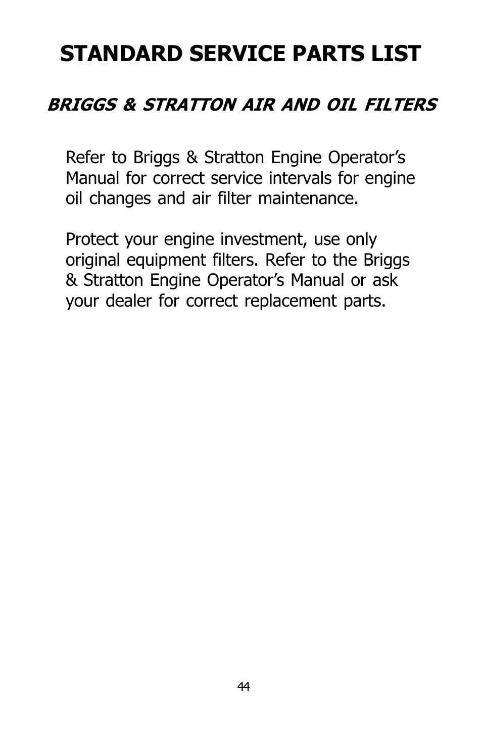 Standard service parts list | Dixon SPEEDZTR User Manual | Page 44 / 48