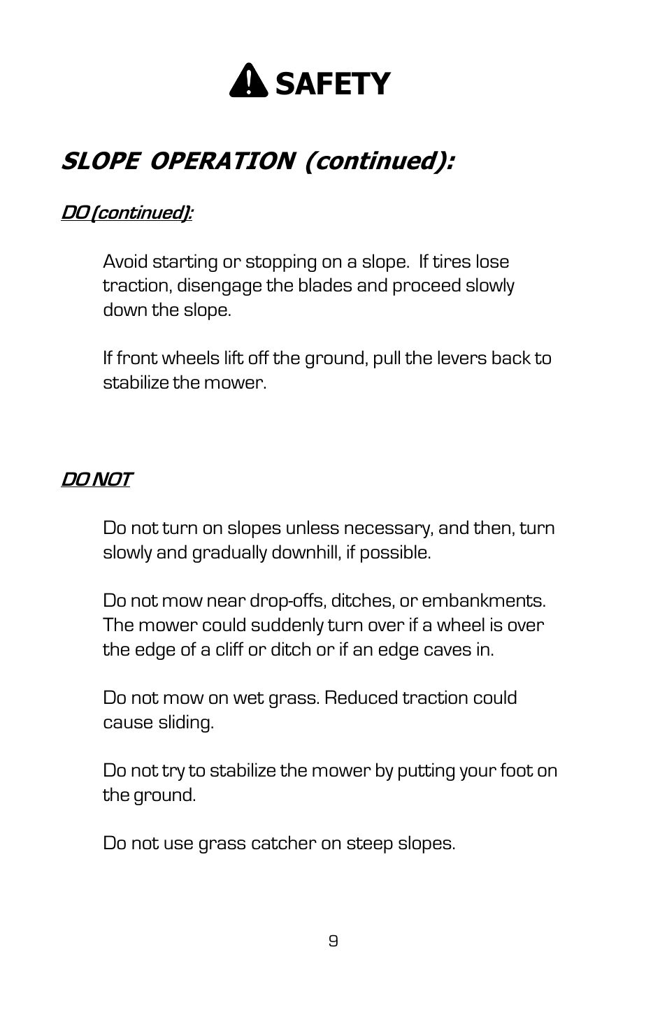Safety, Slope operation (continued) | Dixon SPEEDZTR User Manual | Page 9 / 48