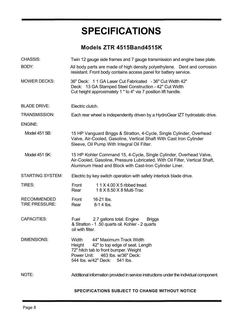 Specifications | Dixon 1998 User Manual | Page 11 / 39