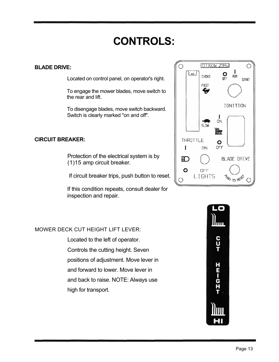 Controls | Dixon 1998 User Manual | Page 16 / 39