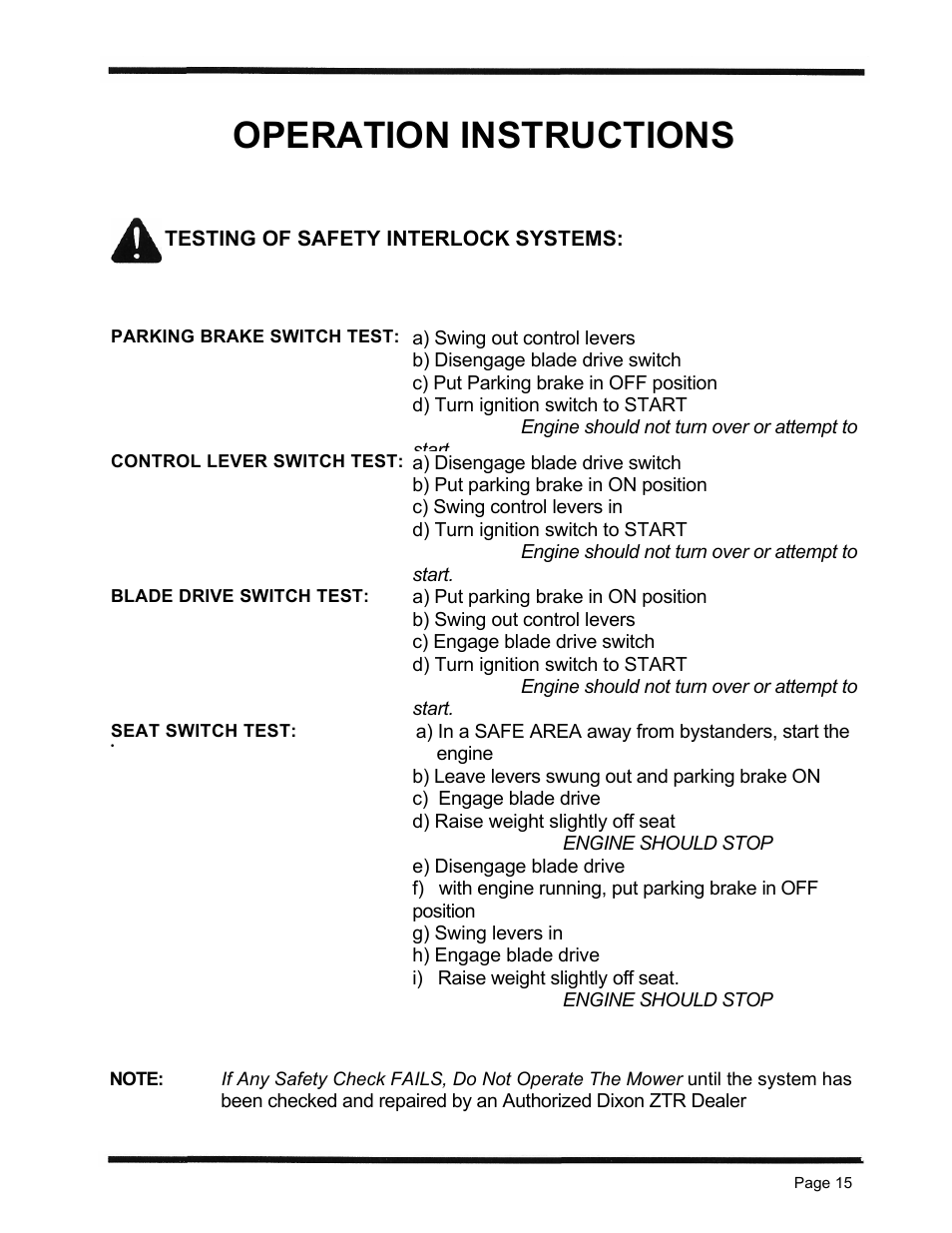 Operation instructions, Testing of safety interlock systems | Dixon 1998 User Manual | Page 18 / 39