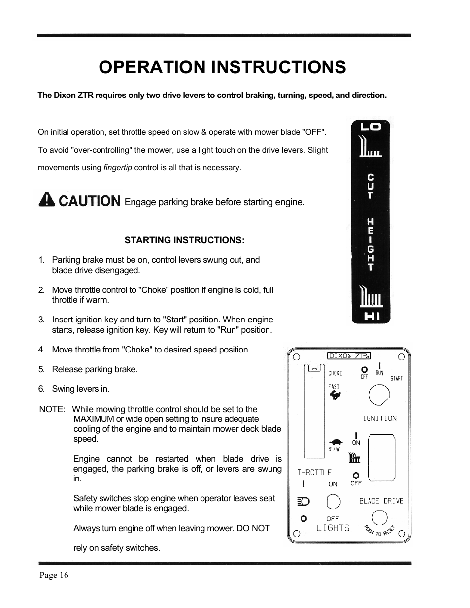 Operation instructions | Dixon 1998 User Manual | Page 19 / 39