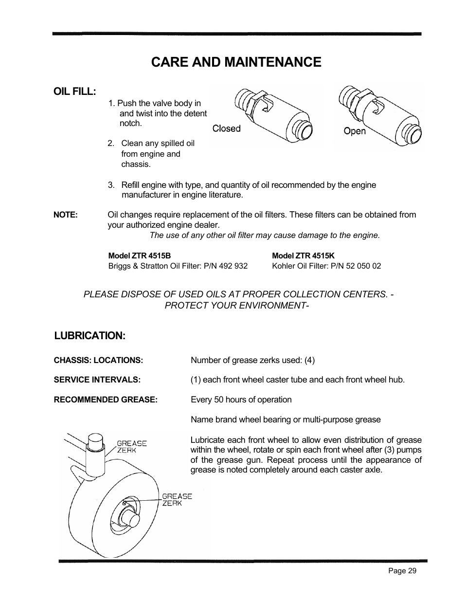 Care and maintenance, Oil fill, Lubrication | Dixon 1998 User Manual | Page 32 / 39