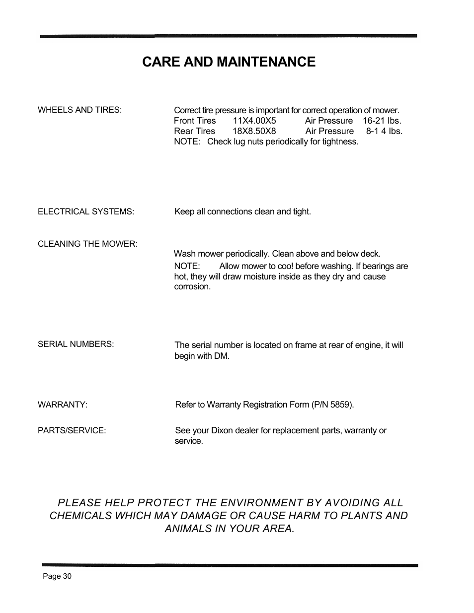 Care and maintenance, Animals in your area | Dixon 1998 User Manual | Page 33 / 39