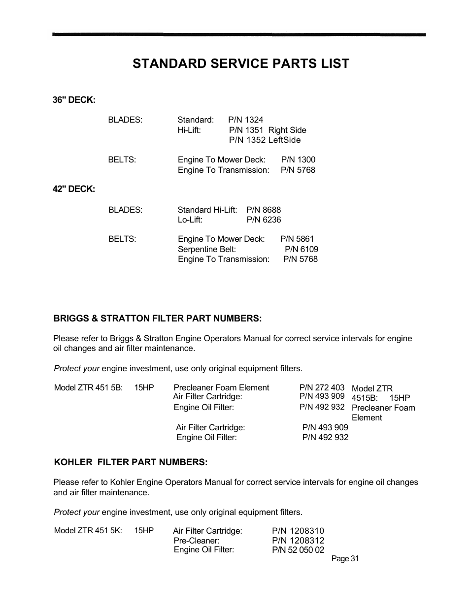 Standard service parts list | Dixon 1998 User Manual | Page 34 / 39