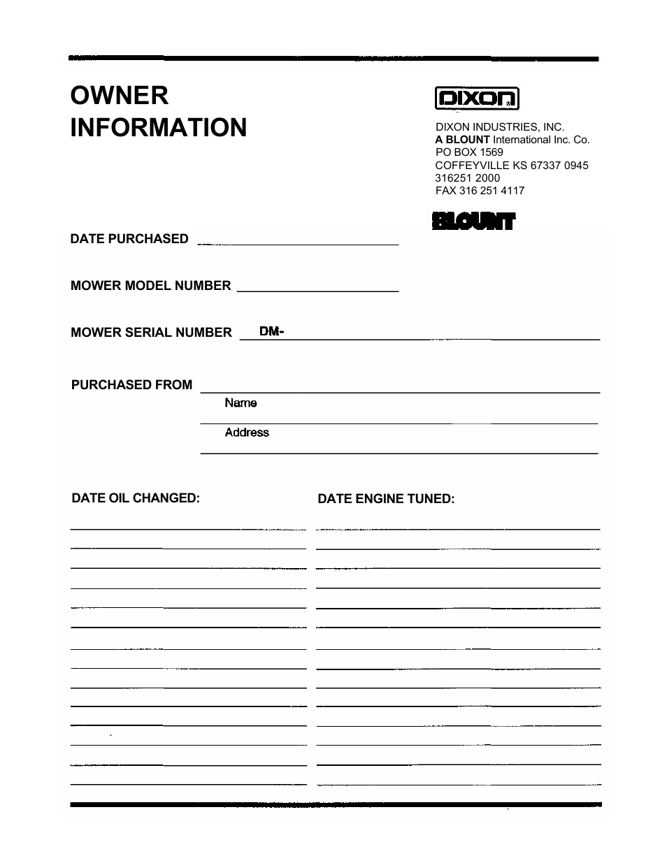 Owner information | Dixon 1998 User Manual | Page 38 / 39