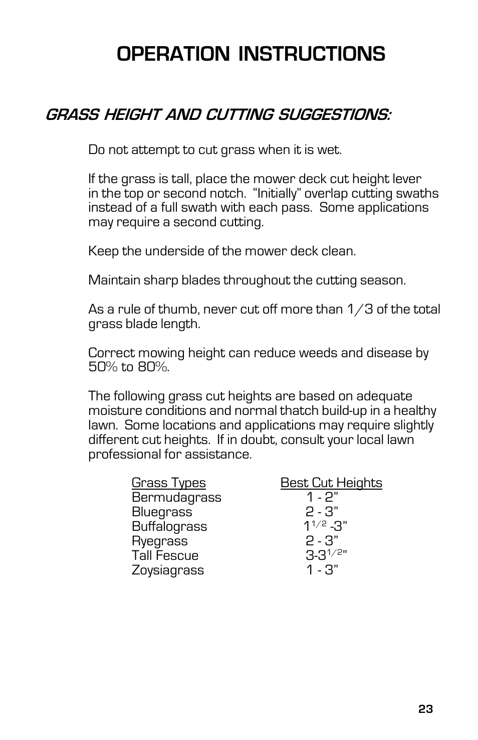 Operation instructions, Grass height and cutting suggestions | Dixon 4000 Series User Manual | Page 23 / 44