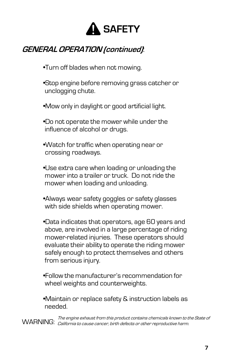 Safety, General operation (continued) | Dixon 4000 Series User Manual | Page 7 / 44