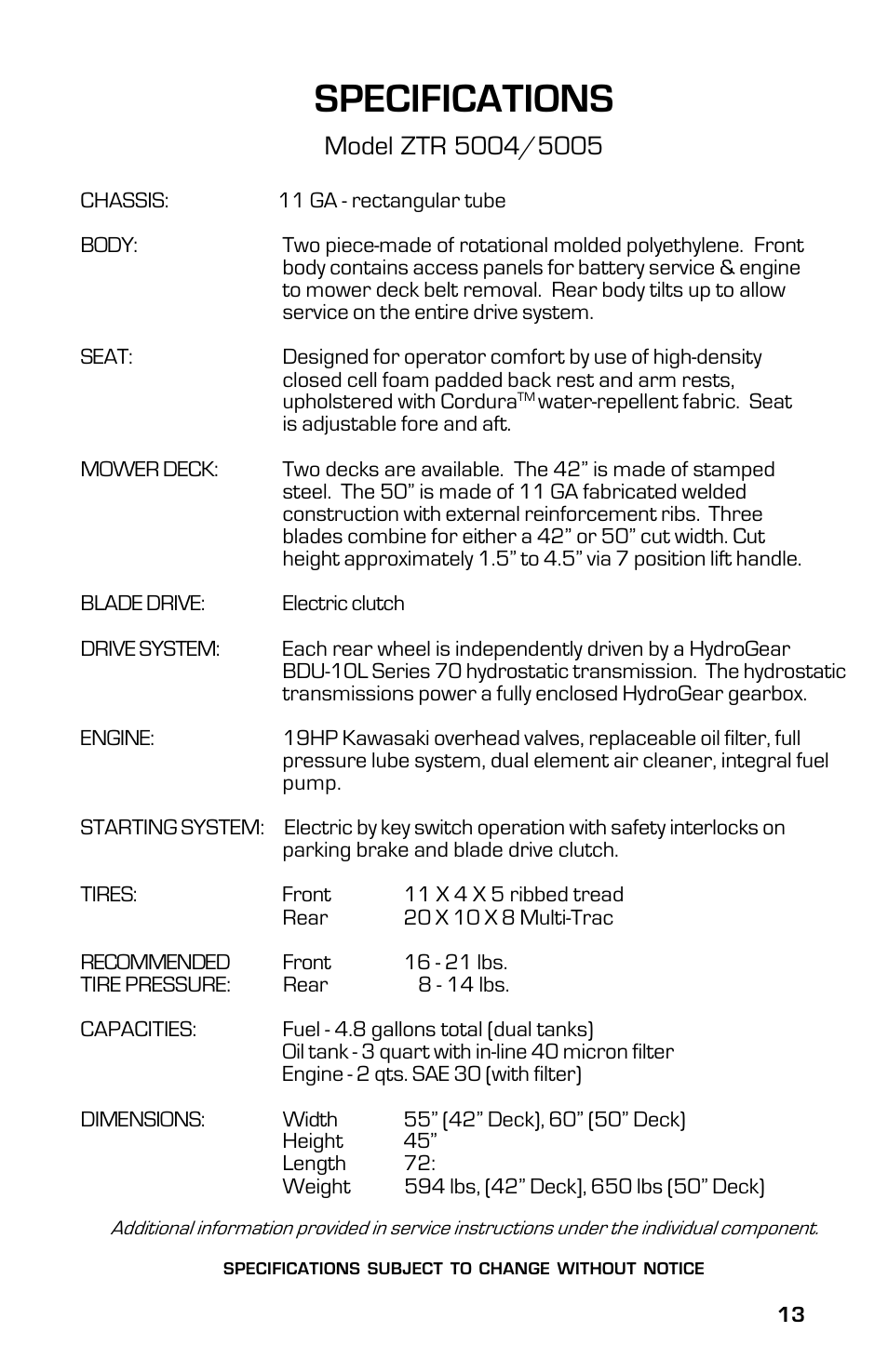 Specifications | Dixon 2003 User Manual | Page 13 / 60