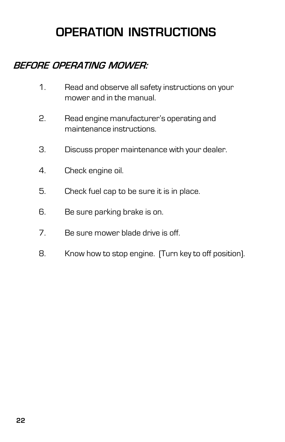 Operation instructions, Before operating mower | Dixon 2003 User Manual | Page 22 / 60