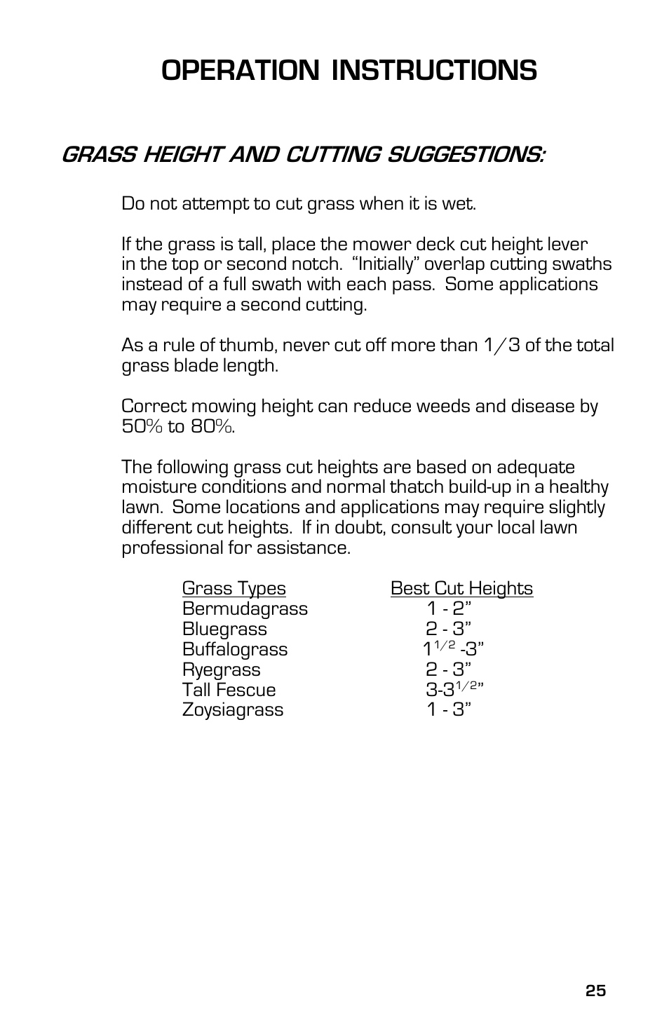 Operation instructions, Grass height and cutting suggestions | Dixon 2003 User Manual | Page 25 / 60