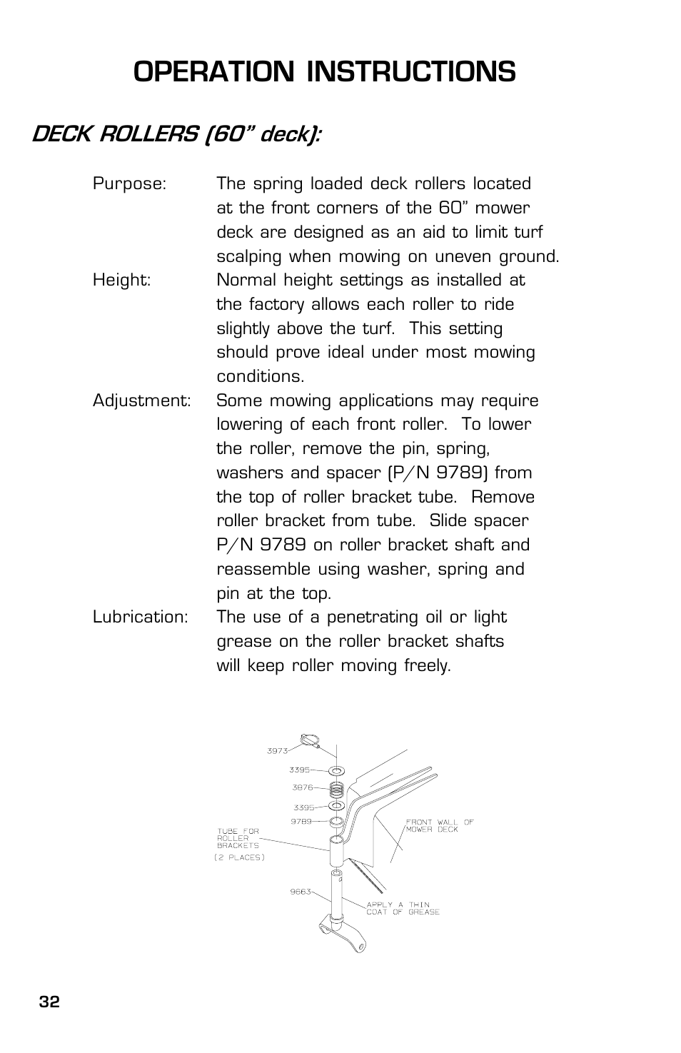 Operation instructions, Deck rollers (60 deck) | Dixon 2003 User Manual | Page 32 / 60