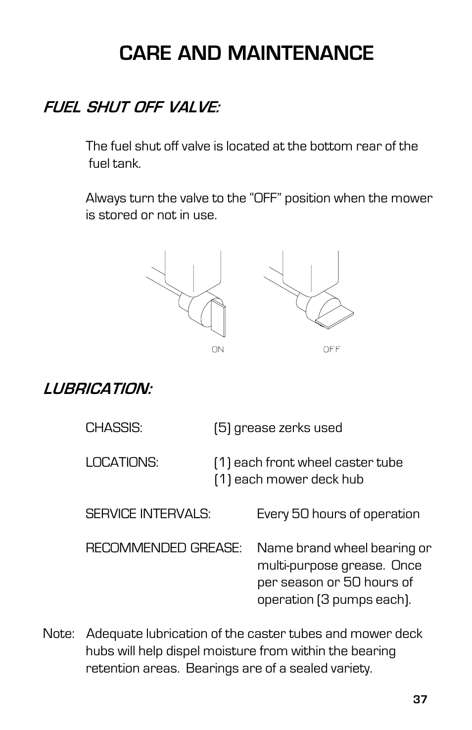 Care and maintenance, Lubrication, Fuel shut off valve | Dixon 2003 User Manual | Page 37 / 60