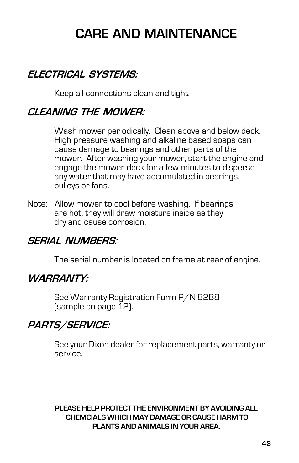 Care and maintenance, Electrical systems, Cleaning the mower | Serial numbers, Warranty, Parts/service | Dixon 2003 User Manual | Page 43 / 60