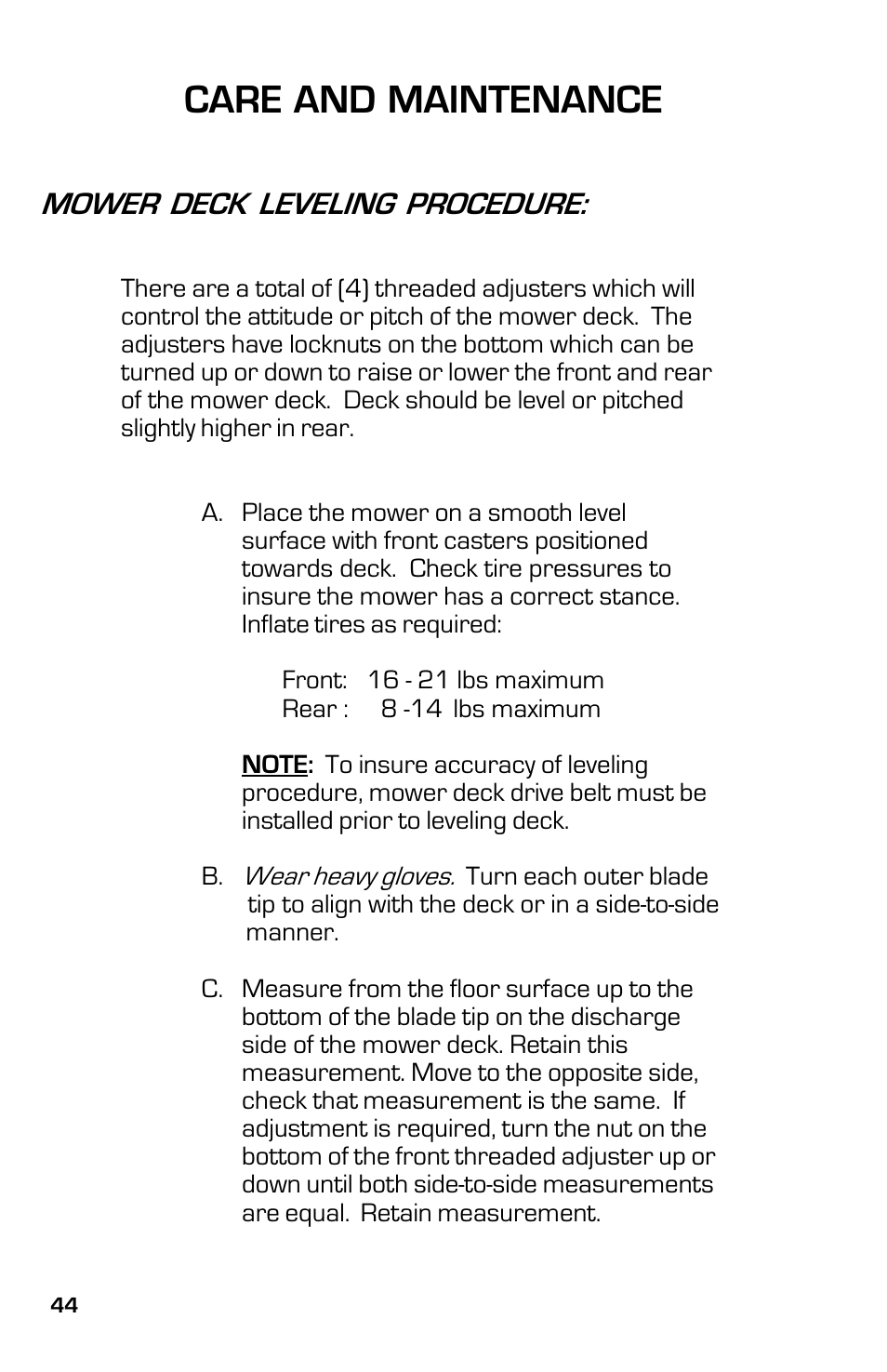 Care and maintenance, Mower deck leveling procedure | Dixon 2003 User Manual | Page 44 / 60