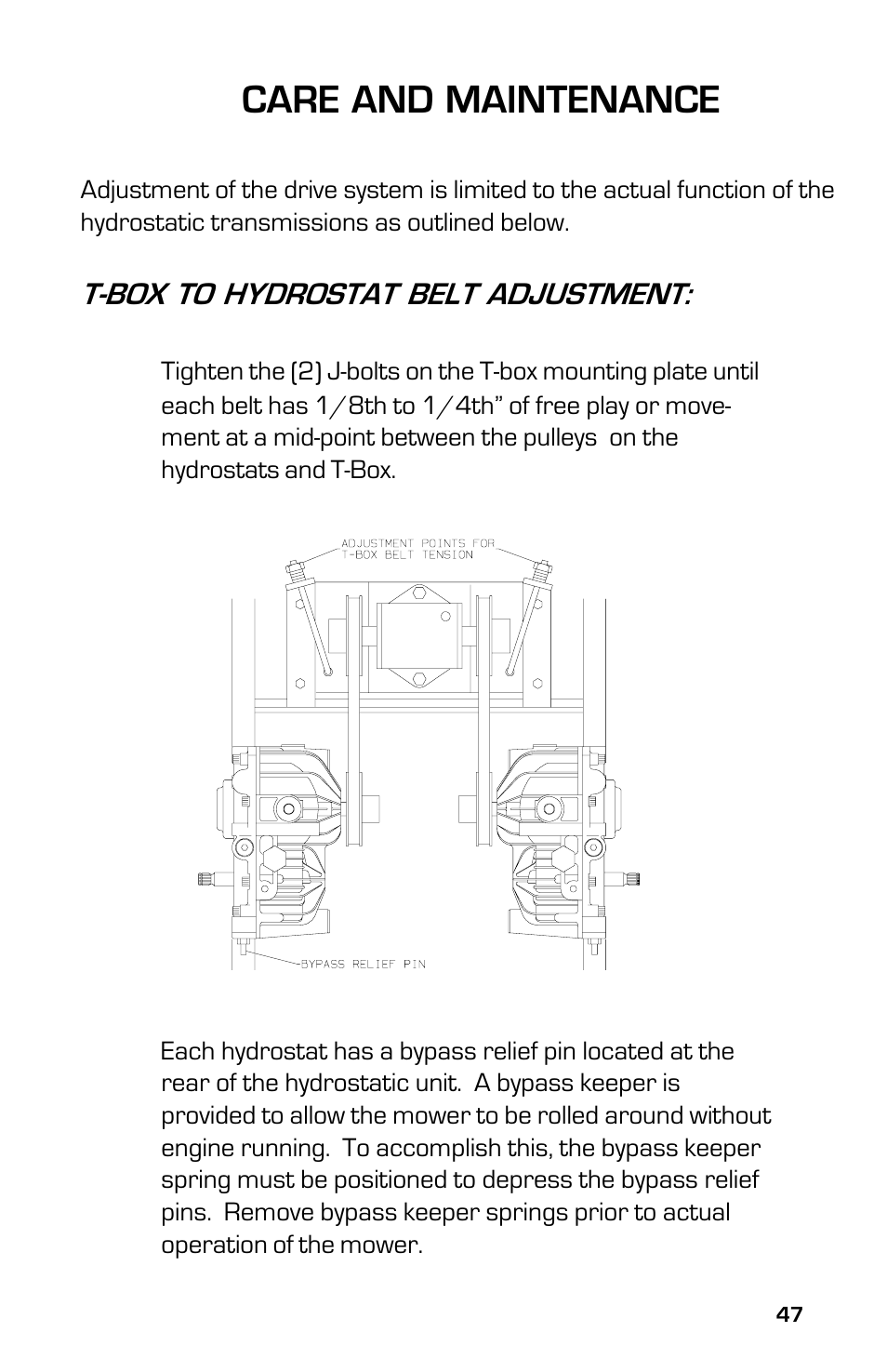 Care and maintenance, T-box to hydrostat belt adjustment | Dixon 2003 User Manual | Page 47 / 60