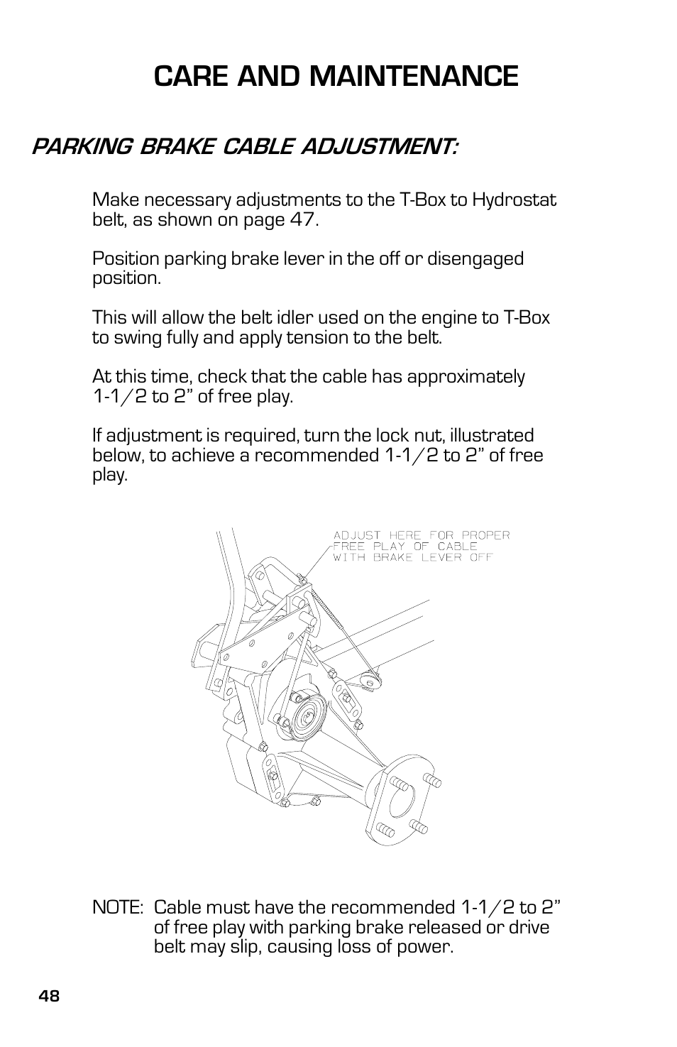 Care and maintenance, Parking brake cable adjustment | Dixon 2003 User Manual | Page 48 / 60