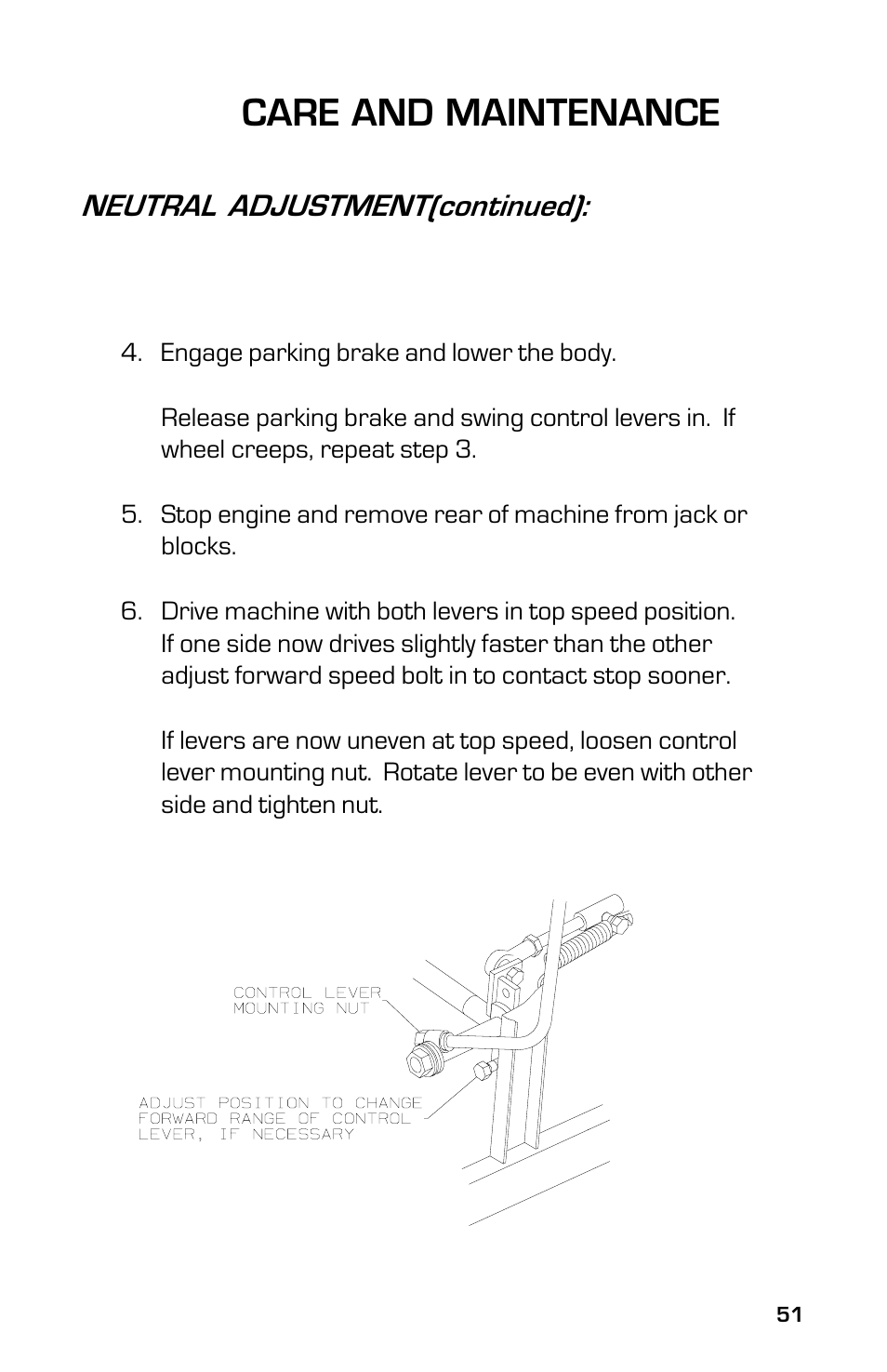 Care and maintenance, Neutral adjustment(continued) | Dixon 2003 User Manual | Page 51 / 60