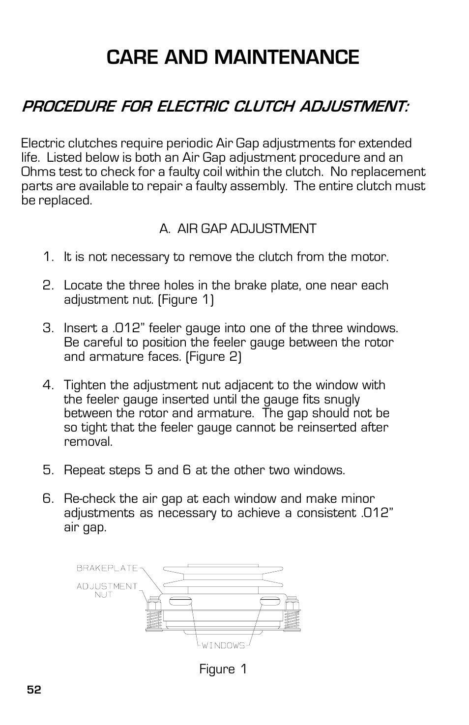 Care and maintenance, Procedure for electric clutch adjustment | Dixon 2003 User Manual | Page 52 / 60