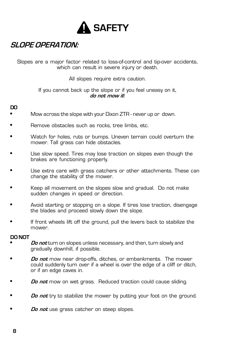 Safety, Slope operation | Dixon 2003 User Manual | Page 8 / 60