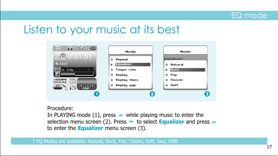 页面 19, Listen to your music at its best, Eq mode | Curtis MPK2038BEU User Manual | Page 19 / 29