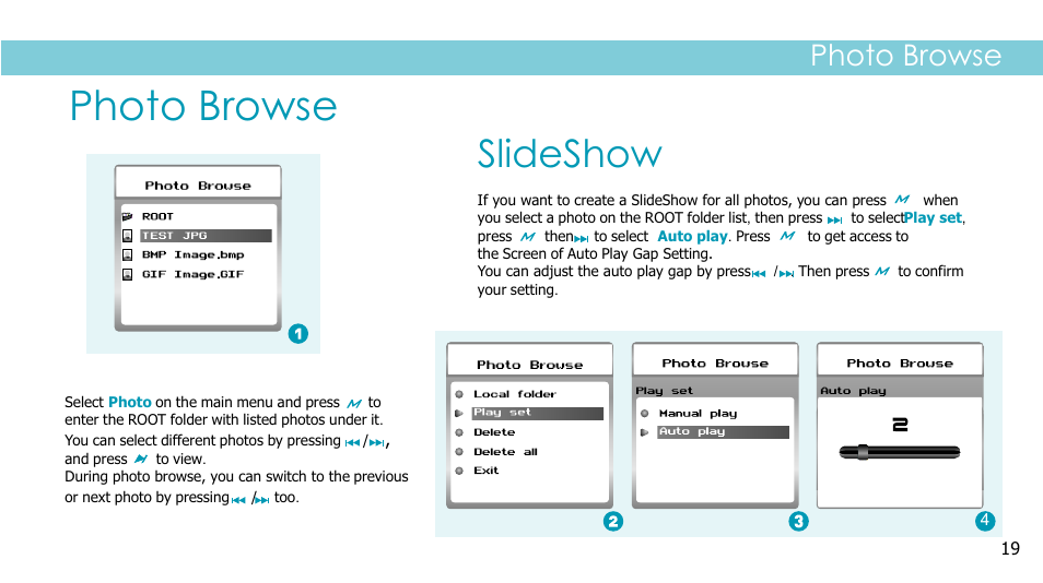 页面 21, Photo browse, Slideshow | Curtis MPK2038BEU User Manual | Page 21 / 29