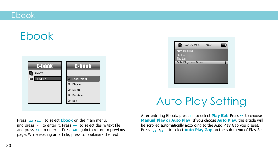 页面 22, Ebook auto play setting, Ebook | Curtis MPK2038BEU User Manual | Page 22 / 29