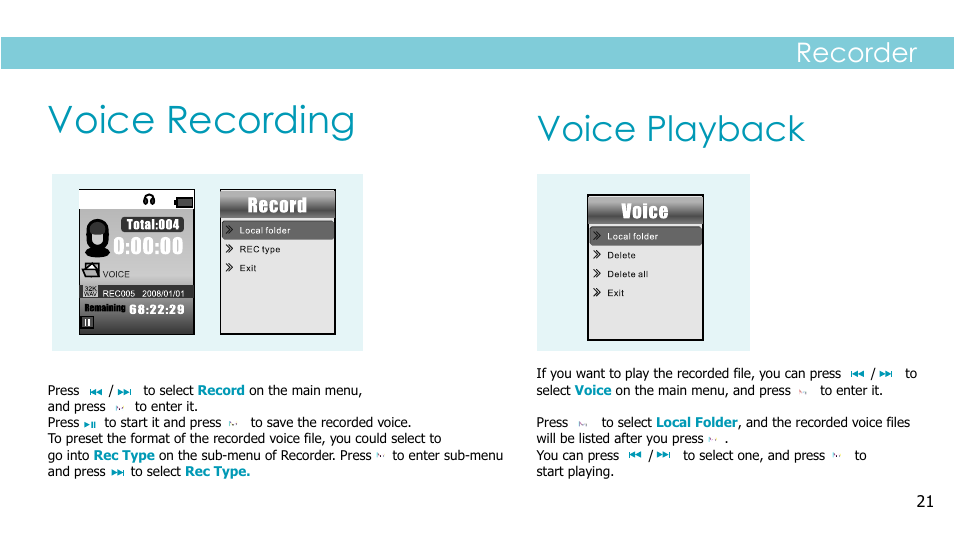 页面 23, Voice recording, Voice playback | Recorder | Curtis MPK2038BEU User Manual | Page 23 / 29