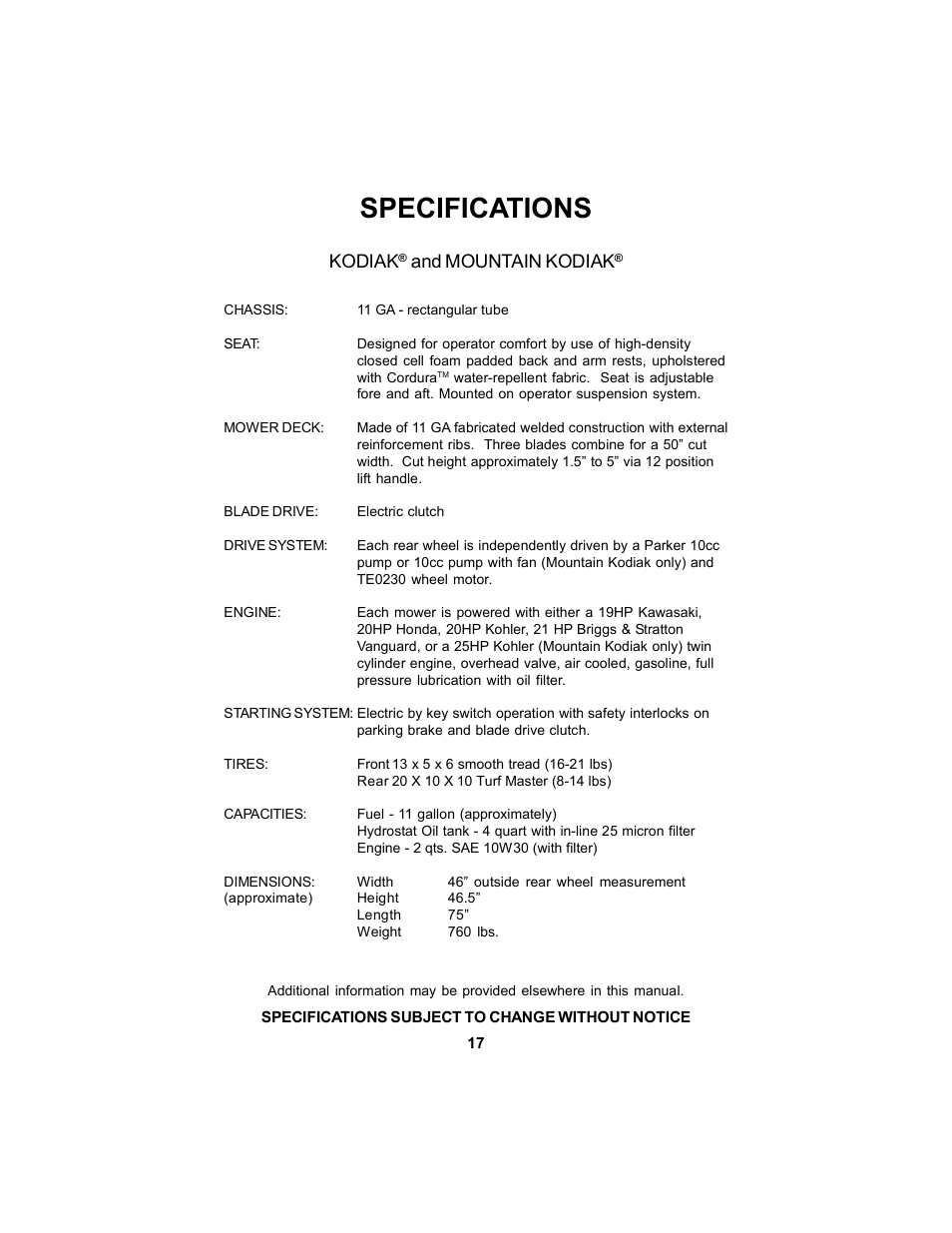 Specifications, Kodiak, And mountain kodiak | Dixon Mountain Kodiak 18124-106 User Manual | Page 17 / 52