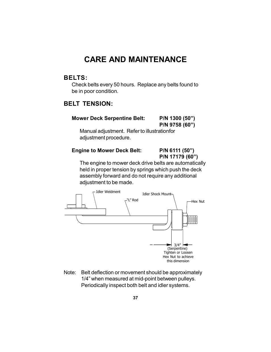 Care and maintenance, Belts, Belt tension | Dixon Mountain Kodiak 18124-106 User Manual | Page 37 / 52