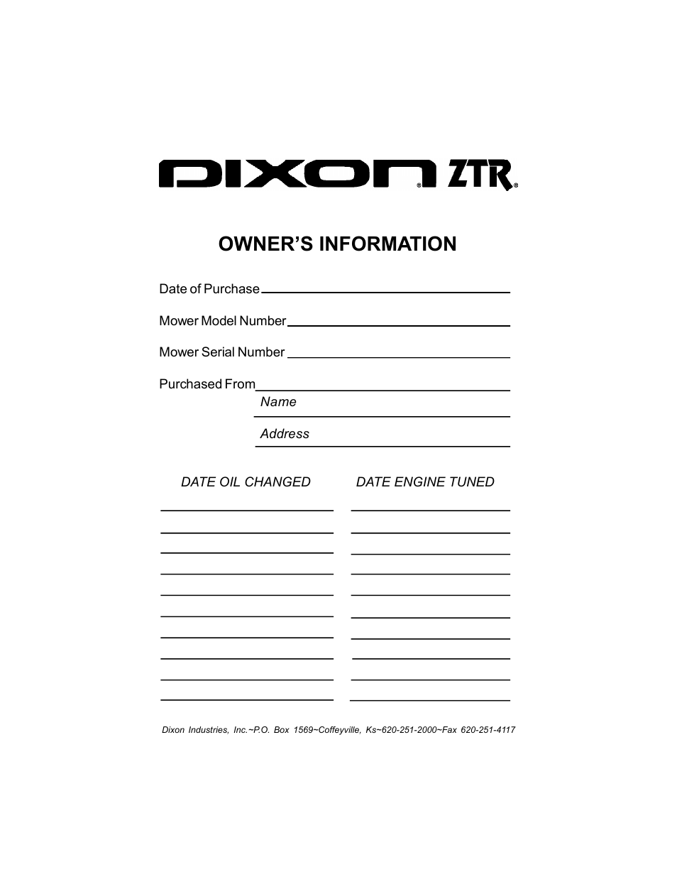 Owner’s information | Dixon Mountain Kodiak 18124-106 User Manual | Page 51 / 52