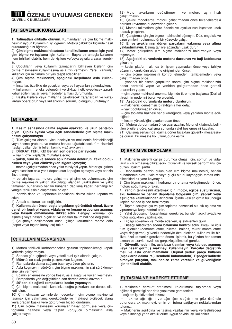 Özenle uyulmasi gereken | Dolmar PM-43 User Manual | Page 30 / 76