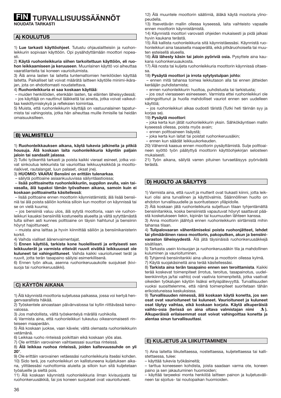 Turvallisuussäännöt | Dolmar PM-43 User Manual | Page 36 / 76