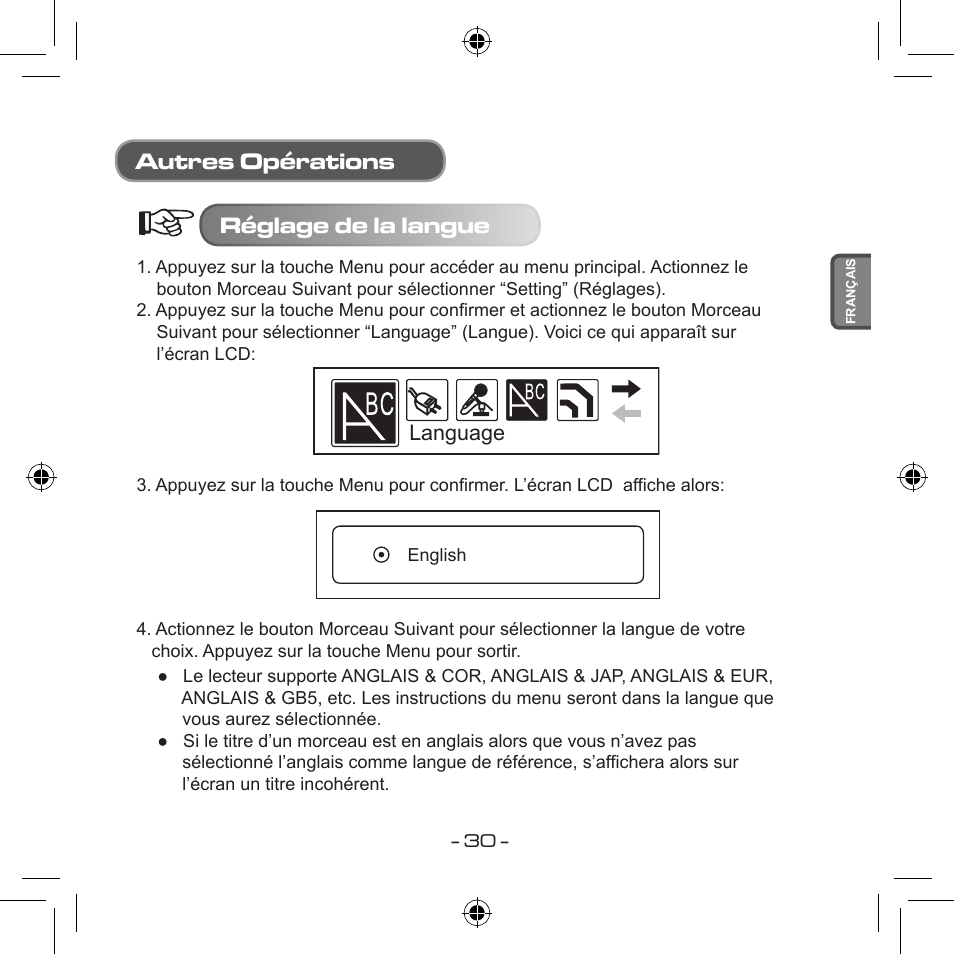 Autres opérations réglage de la langue | Curtis MPS533 User Manual | Page 102 / 185