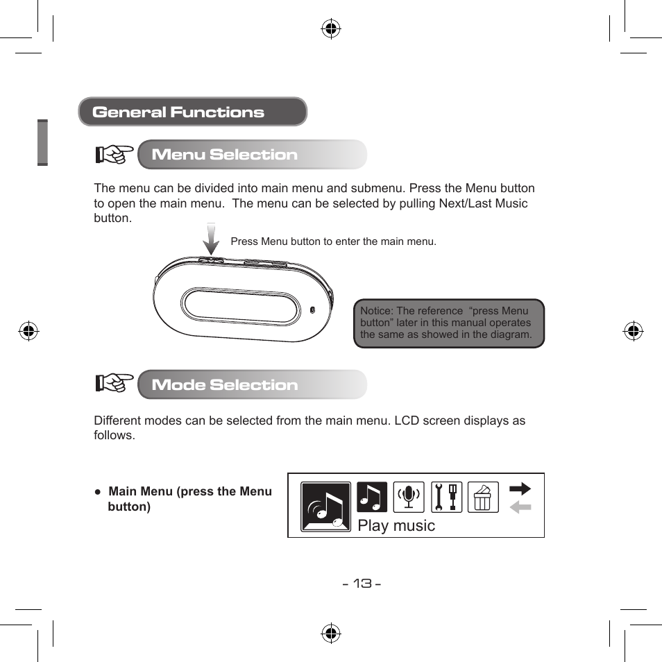 Play music general functions menu selection, Mode selection | Curtis MPS533 User Manual | Page 11 / 185