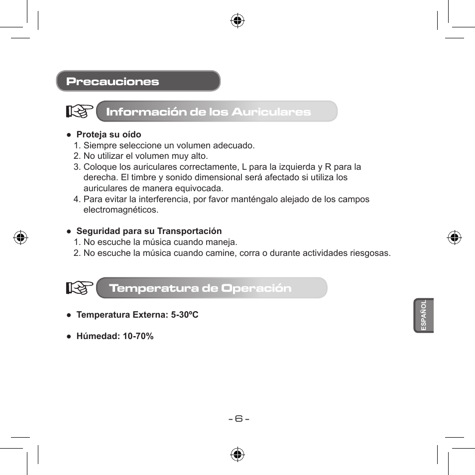 Precauciones información de los auriculares, Temperatura de operación | Curtis MPS533 User Manual | Page 115 / 185