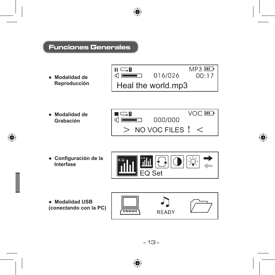 Heal the world.mp3, No voc files eq set, Funciones generales | Curtis MPS533 User Manual | Page 122 / 185