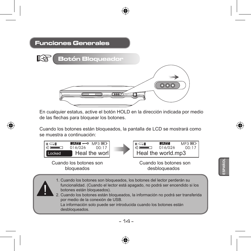 Funciones generales botón bloqueador, Heal the worl, Heal the world.mp3 | Curtis MPS533 User Manual | Page 123 / 185