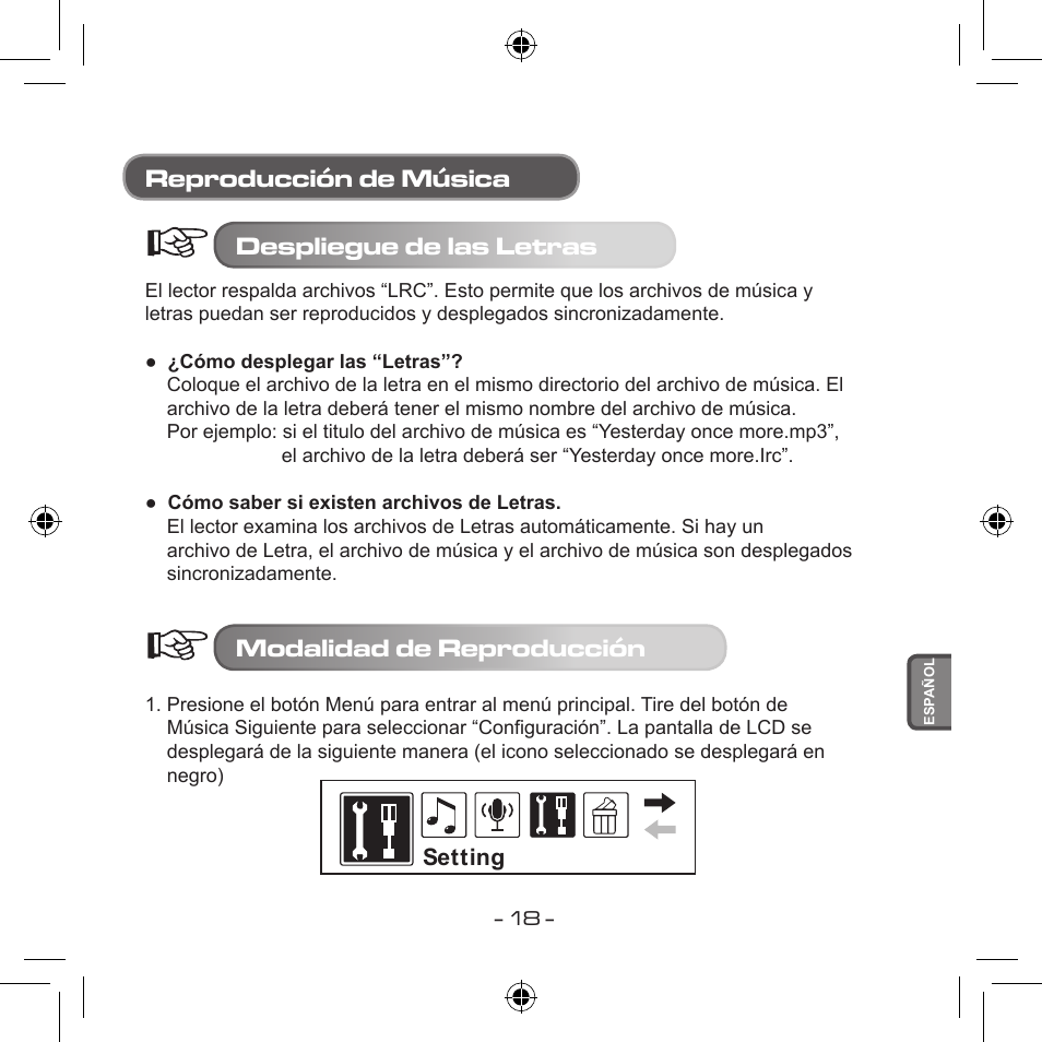 Reproducción de música despliegue de las letras, Modalidad de reproducción | Curtis MPS533 User Manual | Page 127 / 185