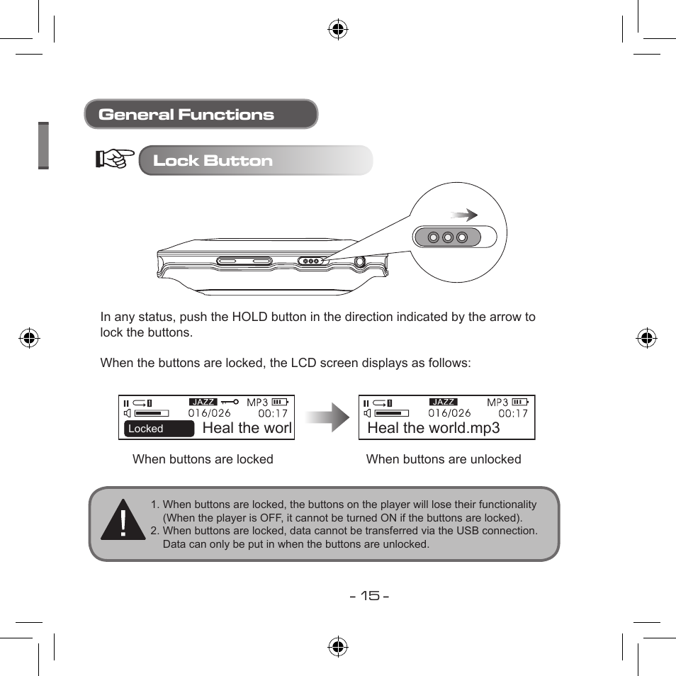 General functions lock button, Heal the worl, Heal the world.mp3 | Curtis MPS533 User Manual | Page 13 / 185
