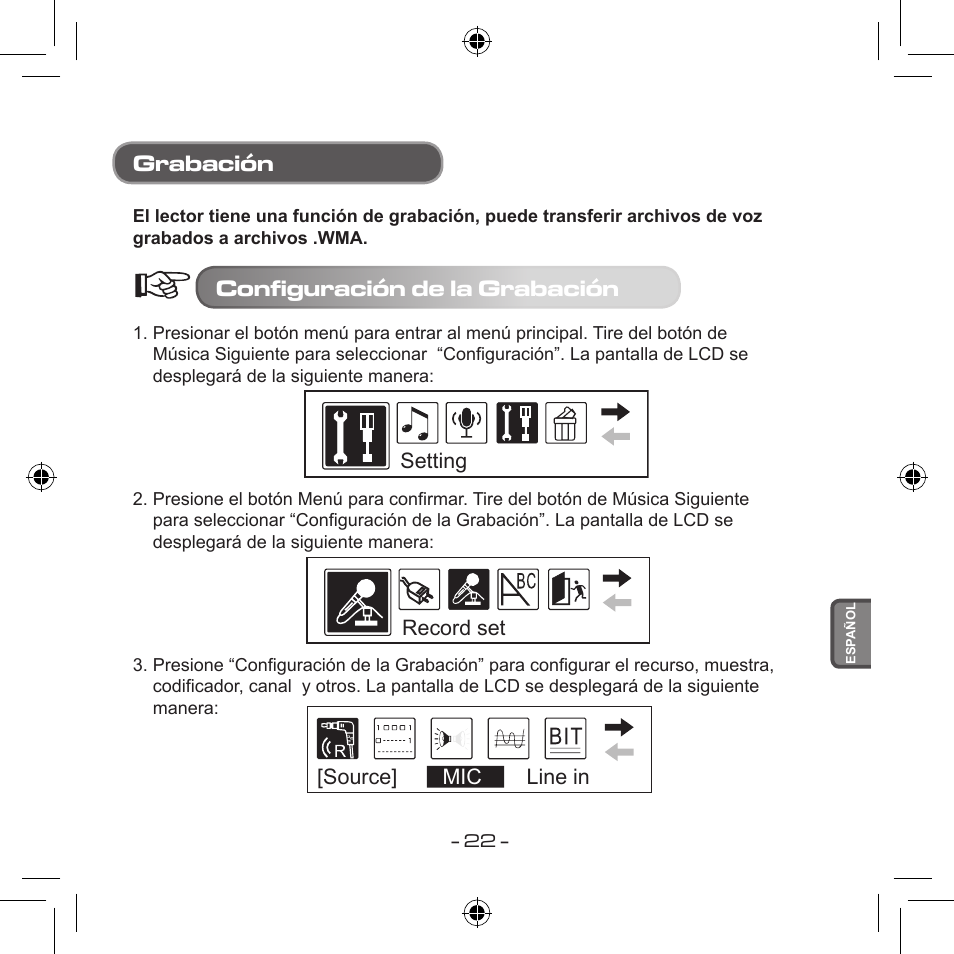 Grabación, Configuración de la grabación | Curtis MPS533 User Manual | Page 131 / 185