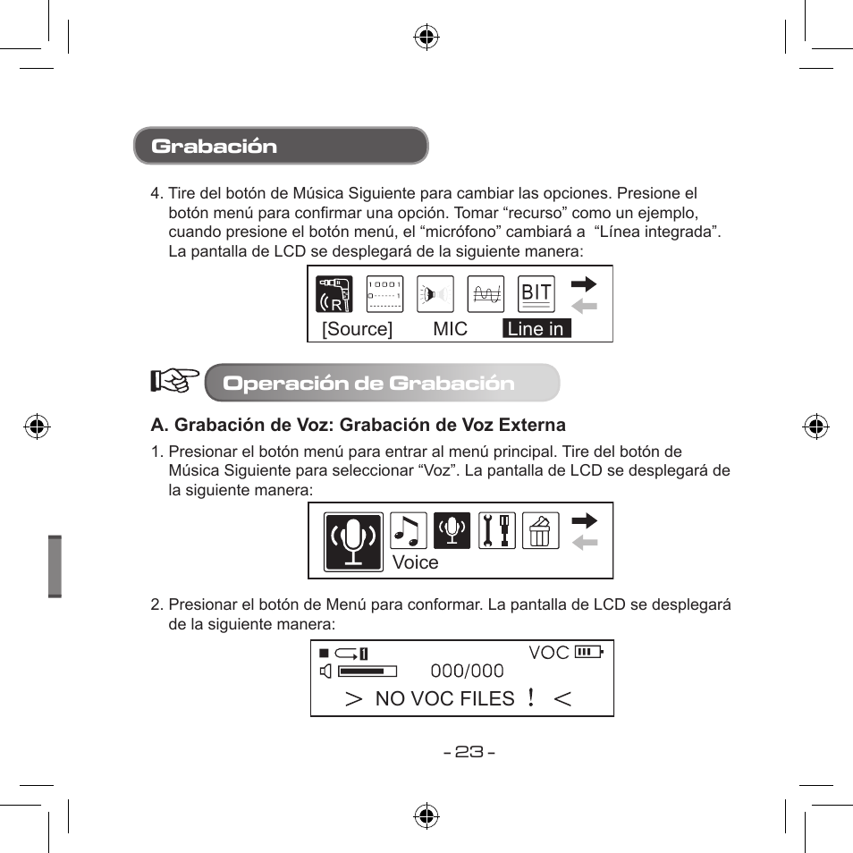 Grabación, Operación de grabación, No voc files | Curtis MPS533 User Manual | Page 132 / 185