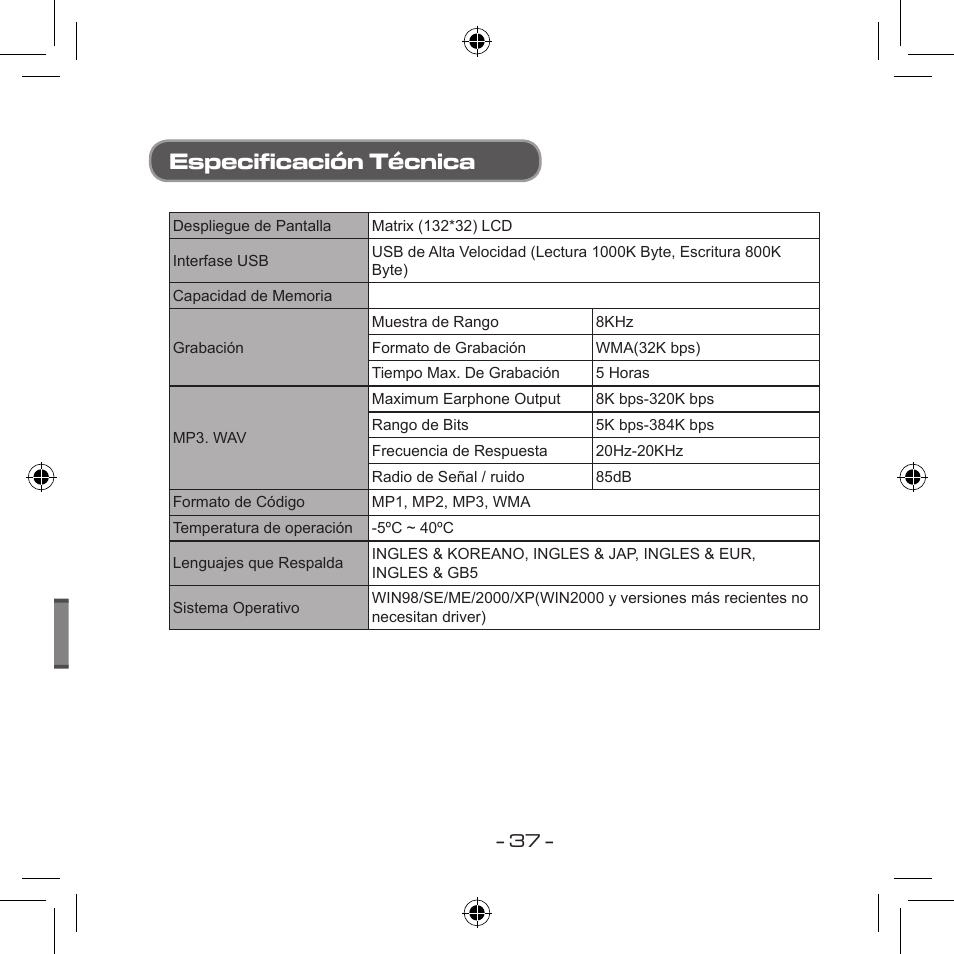 Especificación técnica | Curtis MPS533 User Manual | Page 146 / 185